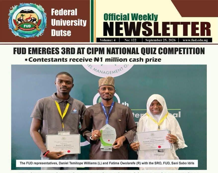 YOSU CELEBRATES DANIEL WILLIAMS, FATIMA OWOLARAFE AS FUD SECURES 3RD PLACE AT CIPM NATIONAL QUIZ